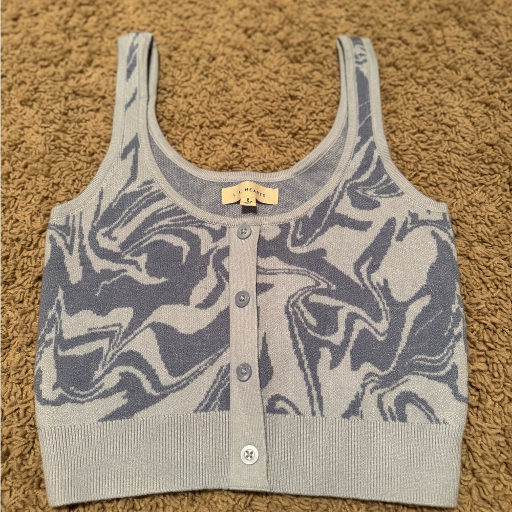 Blue and Gray Patterned Knit Tank Top
